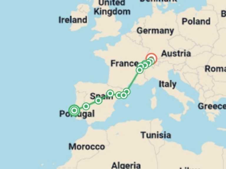 Map of Europe Tour with 7 destination visits for the trip: Lisbon to Zurich