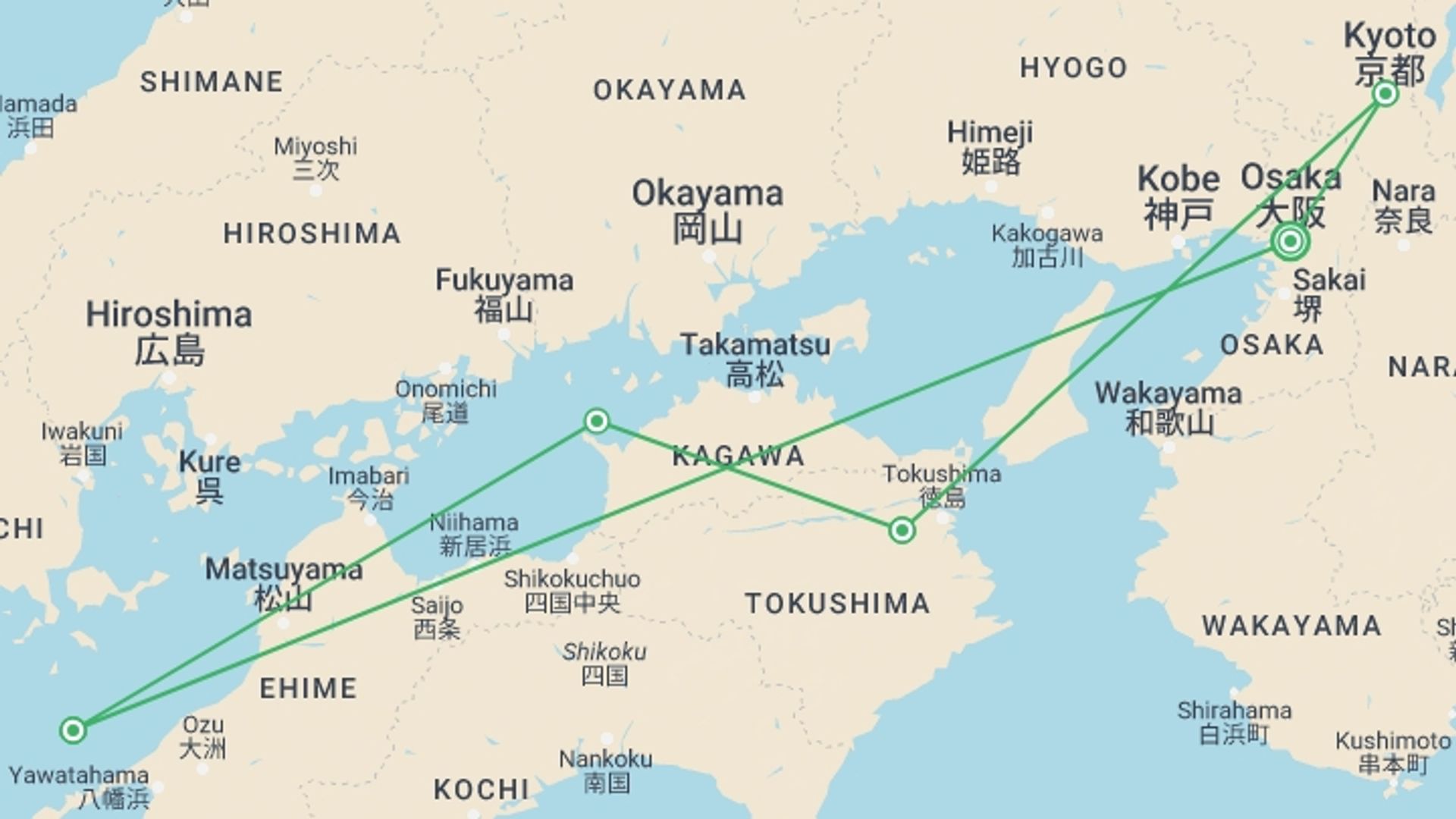 A map showing the tour itinerary for the trip: Shikoku Pilgrimage Trail, starting in Osaka, Japan and ending in Osaka, Japan going through 4 other destinations.