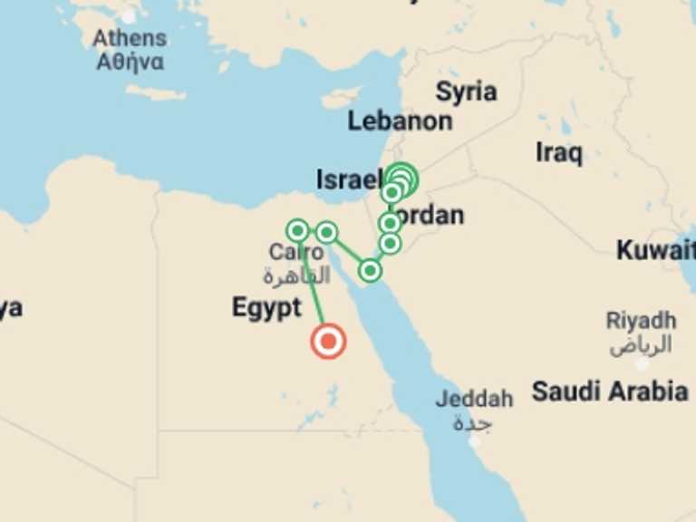Map of 15-Day Luxor Tour with 6 destination visits for the trip: Jordan and Egypt - Petra to the Pyramids