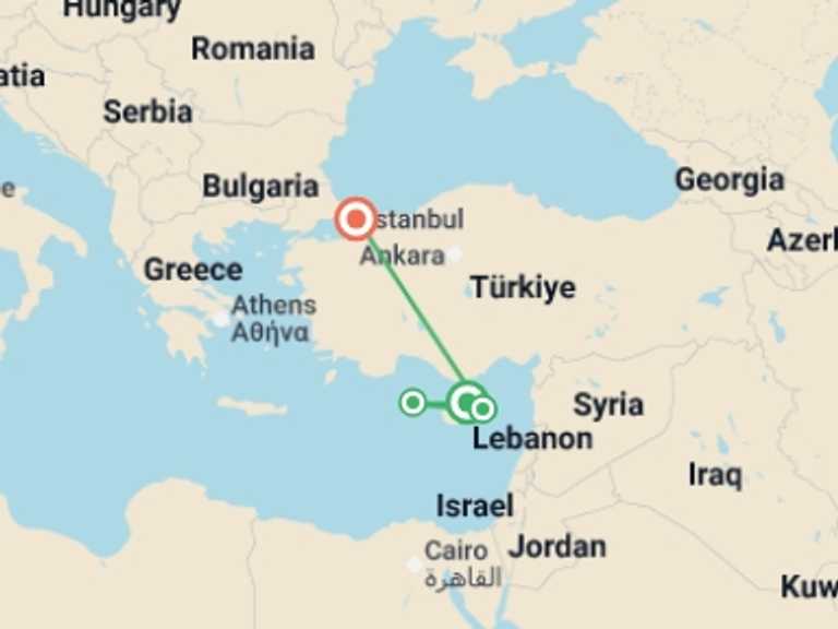 Map itinerary of Mediterranean Tour in September 2026 with 4 destination visits for the trip: Cyprus Sun