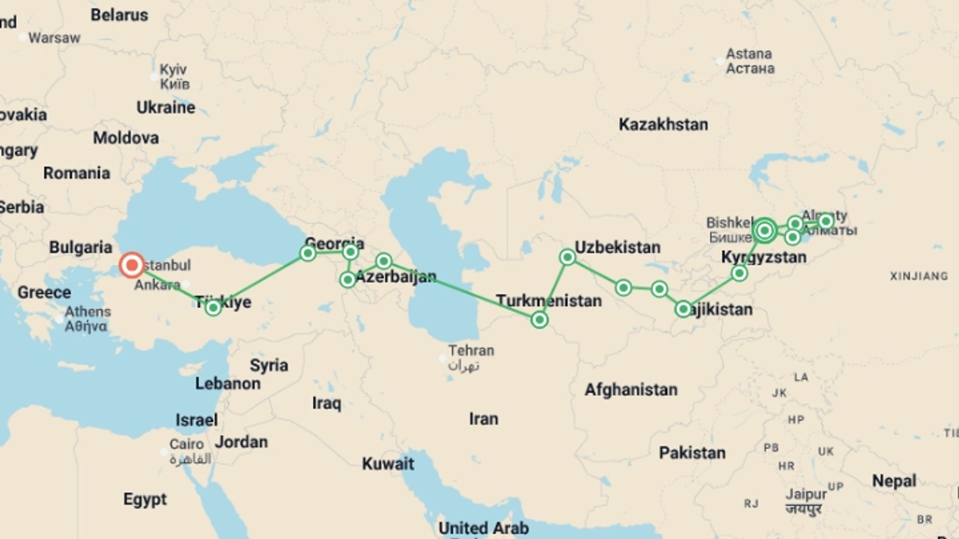 A map showing the tour itinerary for the trip: Bishkek To Istanbul (83 days), starting in Bishkek, Kyrgyzstan and ending in Istanbul, Turkey going through 13 other destinations.