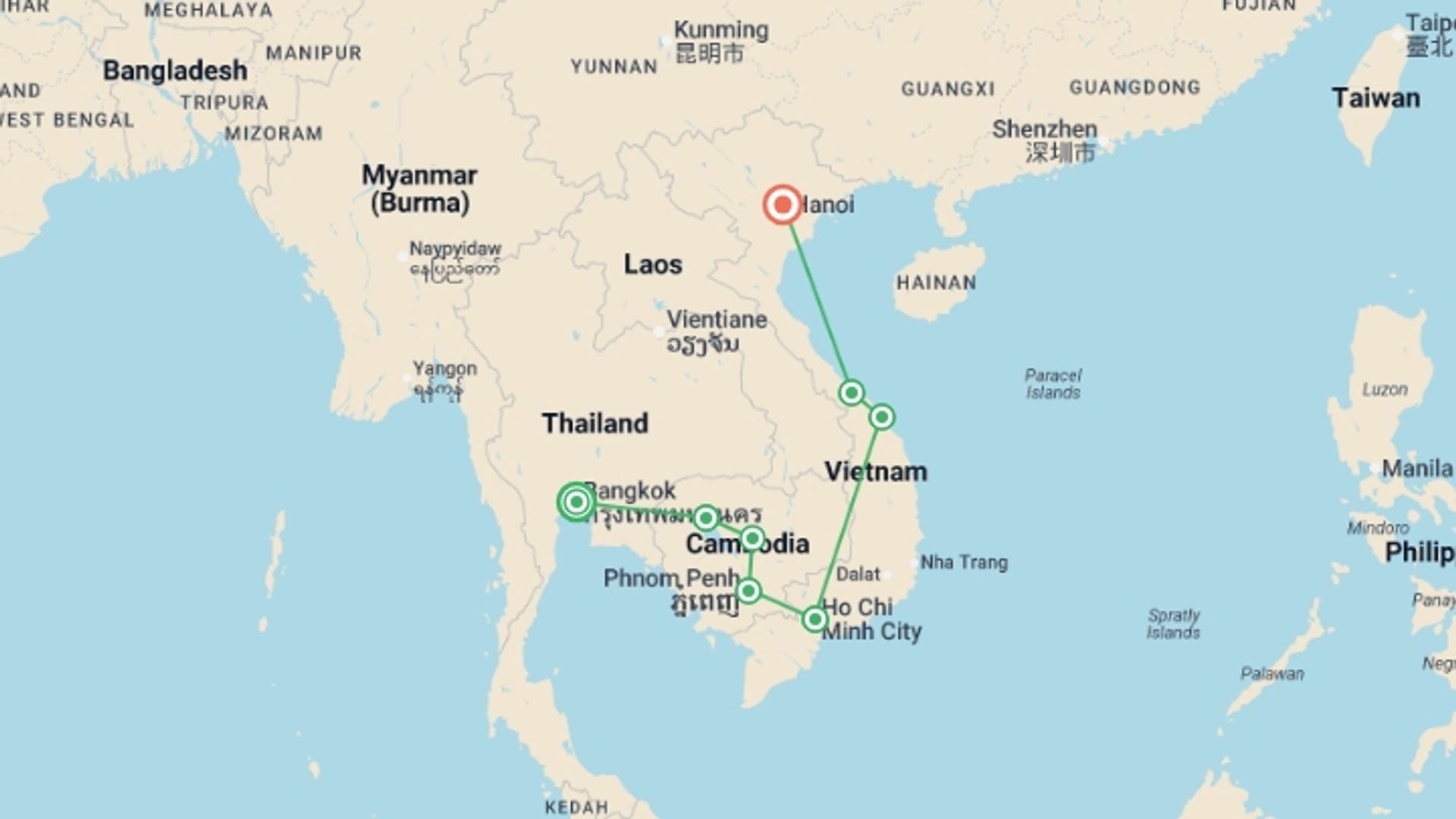 A map showing the tour itinerary for the trip: Best of Cambodia & Vietnam, starting in Bangkok, Thailand and ending in Hanoi, Vietnam going through 6 other destinations.