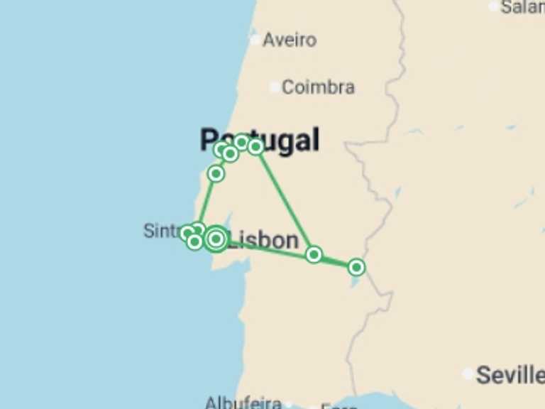 Map of Portugal Tour with 4 destination visits for the trip: Wonders of Portugal