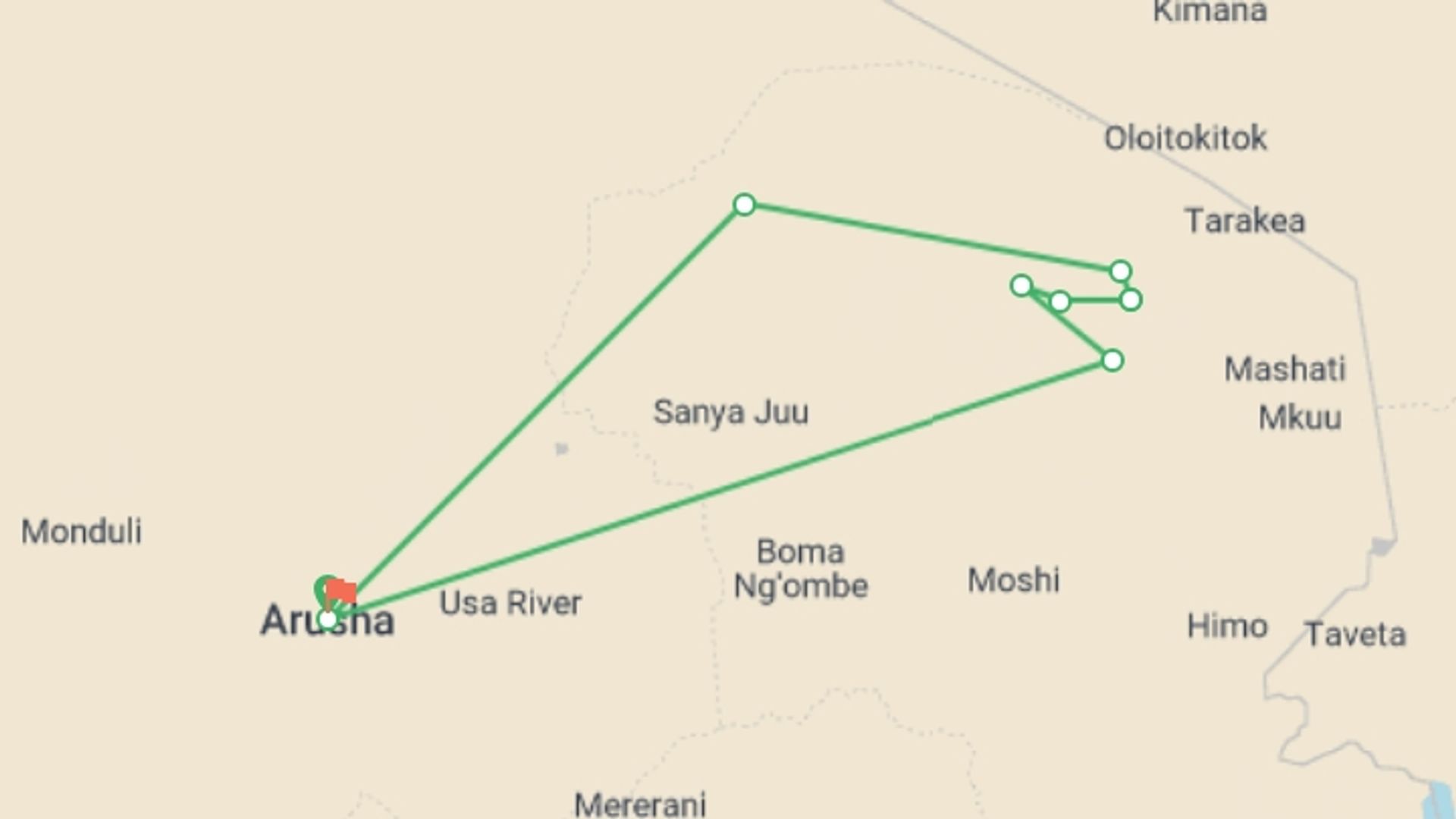 A map showing the tour itinerary for the trip: Kilimanjaro - Rongai route, 7 days, starting in Arusha, Tanzania and ending in Arusha, Tanzania going through 7 other destinations.