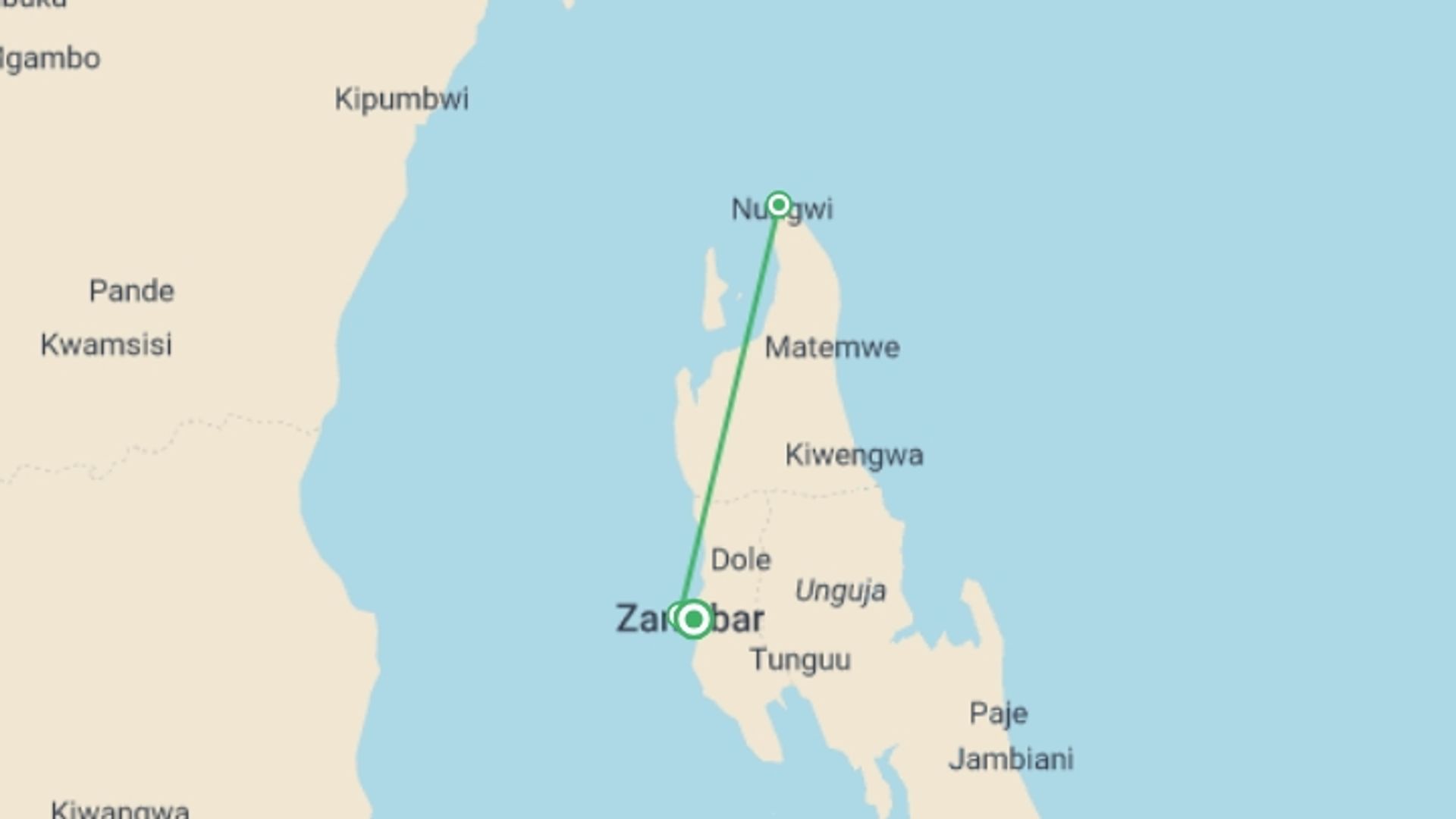 A map showing the tour itinerary for the trip: Zanzibar Experience 4D/3N (from Stone Town), starting in Zanzibar, Tanzania and ending in Zanzibar, Tanzania going through 2 other destinations.