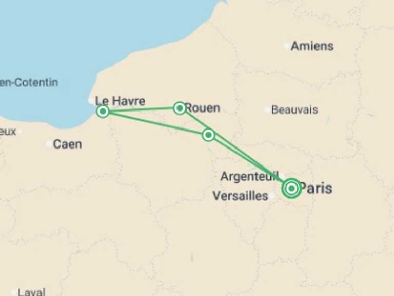 Map itinerary of Mediterranean Tour in October 2026 with 5 destination visits for the trip: Cruise Festival: French Cuisine and Impressionism on the Seine River