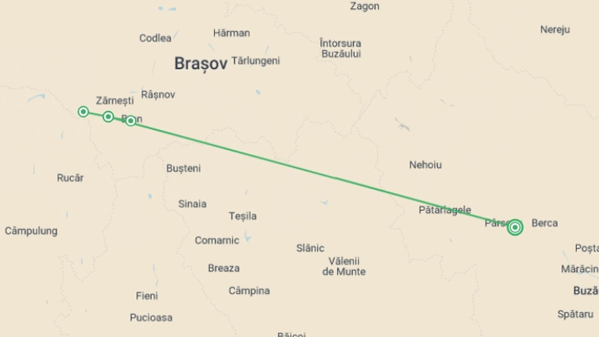 A map showing the tour itinerary for the trip: Transylvania Winter Walk & Snowshoe, starting in Magura, Romania and ending in Magura, Romania going through 2 other destinations.