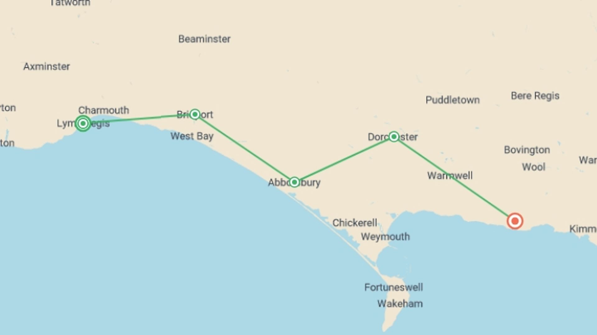 A map showing the tour itinerary for the trip: Dorset & the Jurassic Coast Walk, starting in Lyme Regis, England and ending in West Lulworth, England going through 3 other destinations.