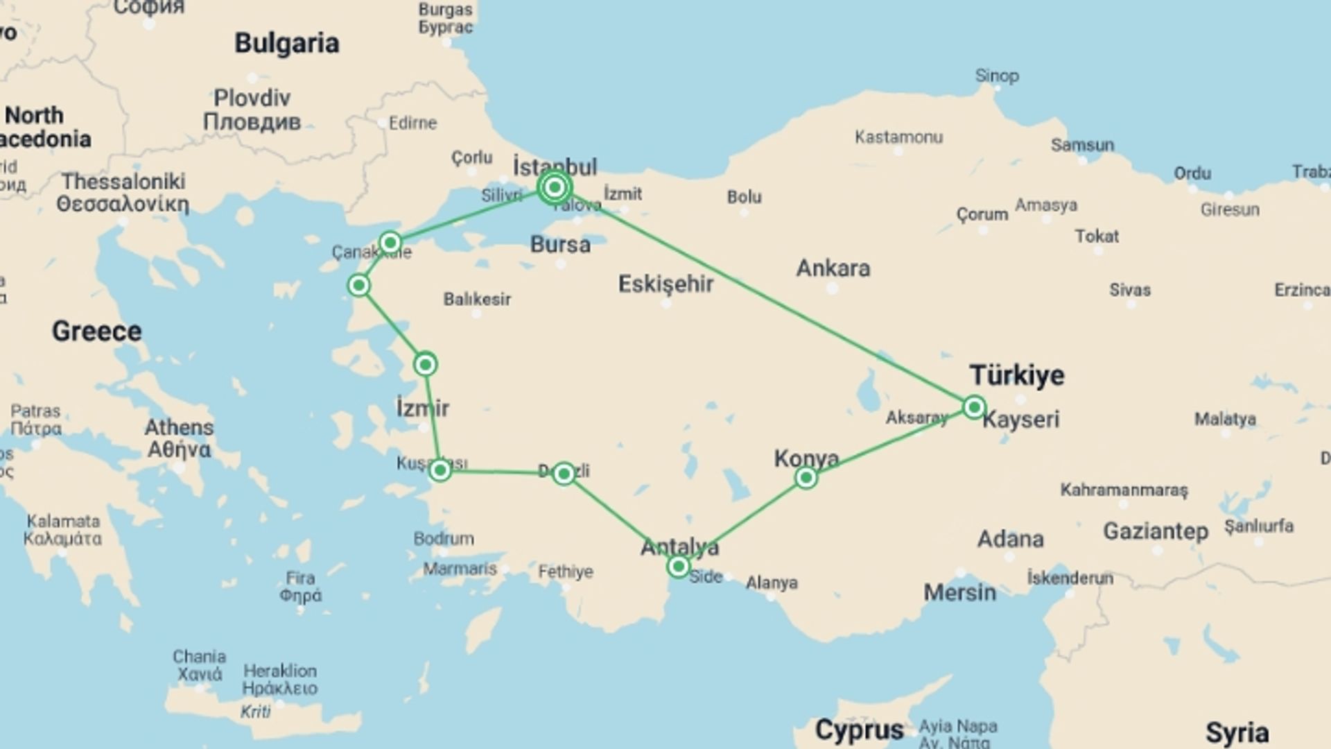 A map showing the tour itinerary for the trip: Turkey Explorer -11 Days, starting in Istanbul, Turkey and ending in Istanbul, Turkey going through 8 other destinations.