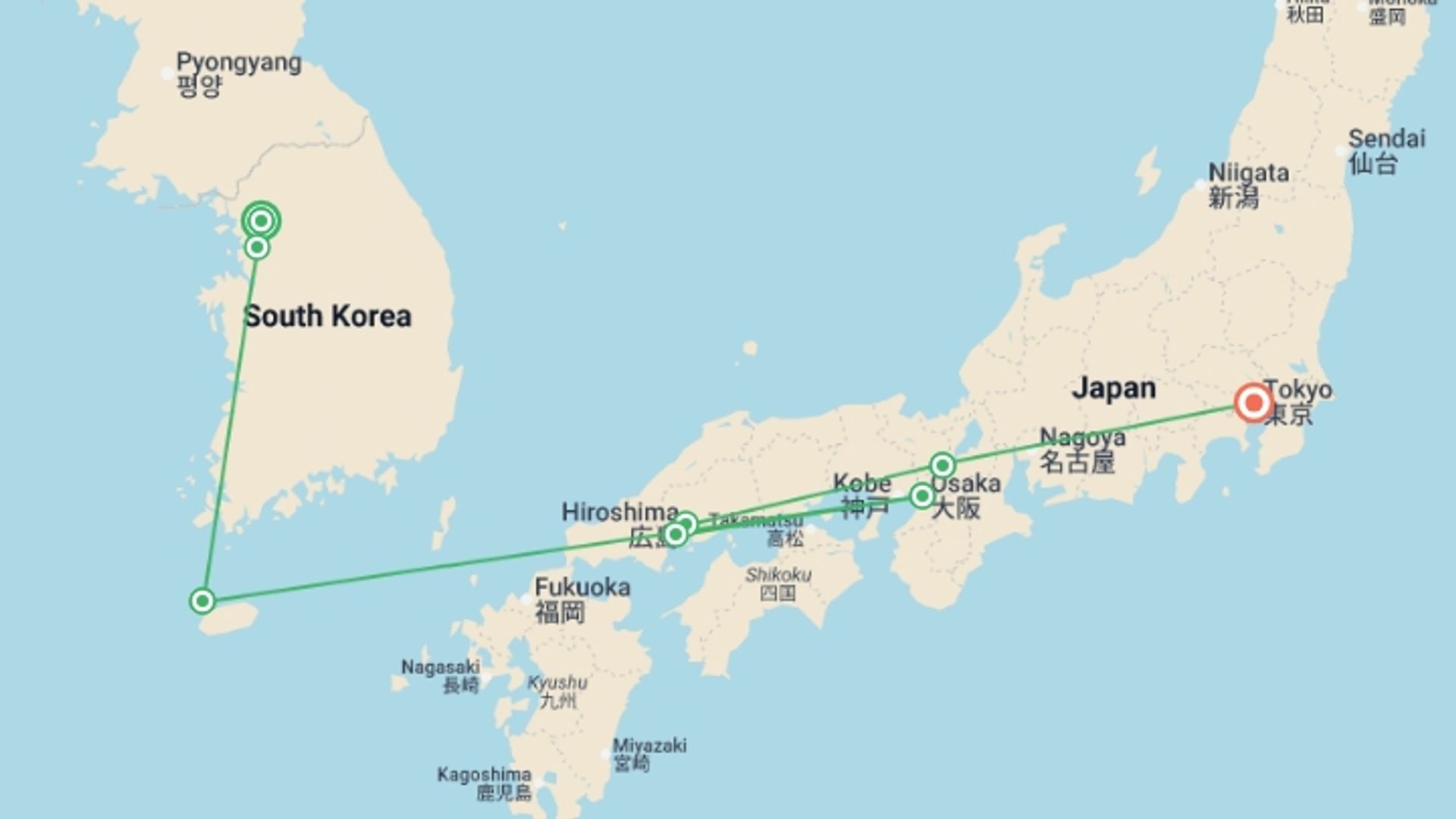 A map showing the tour itinerary for the trip: Japan & South Korea Tour, starting in Seoul, South Korea and ending in Tokyo, Japan going through 5 other destinations.