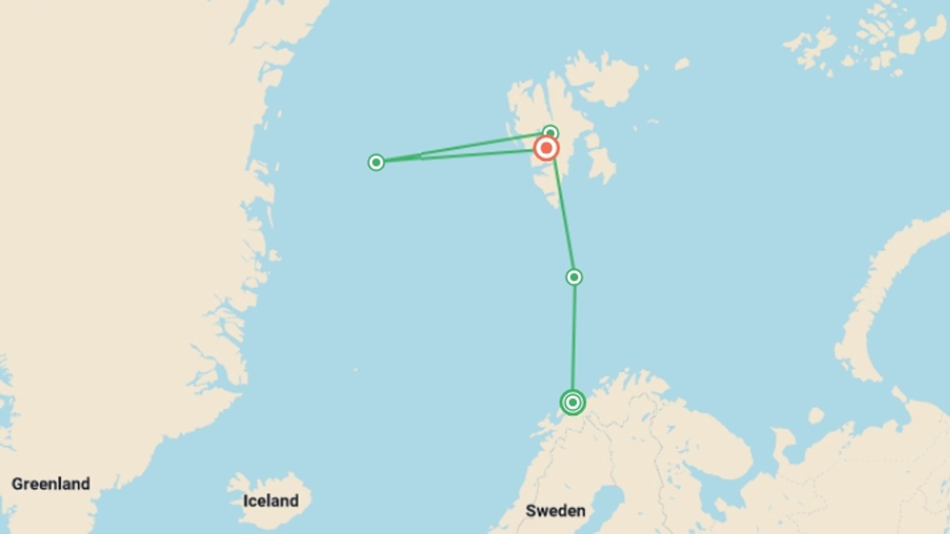 A map showing the tour itinerary for the trip: Beyond the Arctic Circle: Tromsø to Svalbard, starting in Tromsø, Norway and ending in Longyearbyen, Norway going through 3 other destinations.
