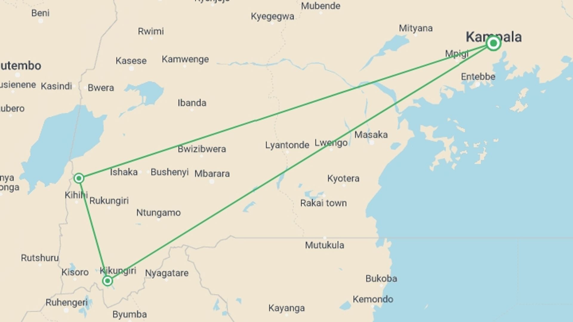 A map showing the tour itinerary for the trip: 6-day Gorilla Encounter Camping, starting in Kampala, Uganda and ending in Kampala, Uganda going through 2 other destinations.