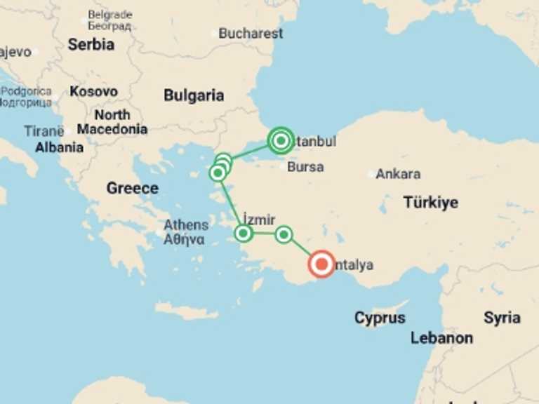 Map itinerary of Mediterranean Tour in Summer with 6 destination visits for the trip: Essential Turkey
