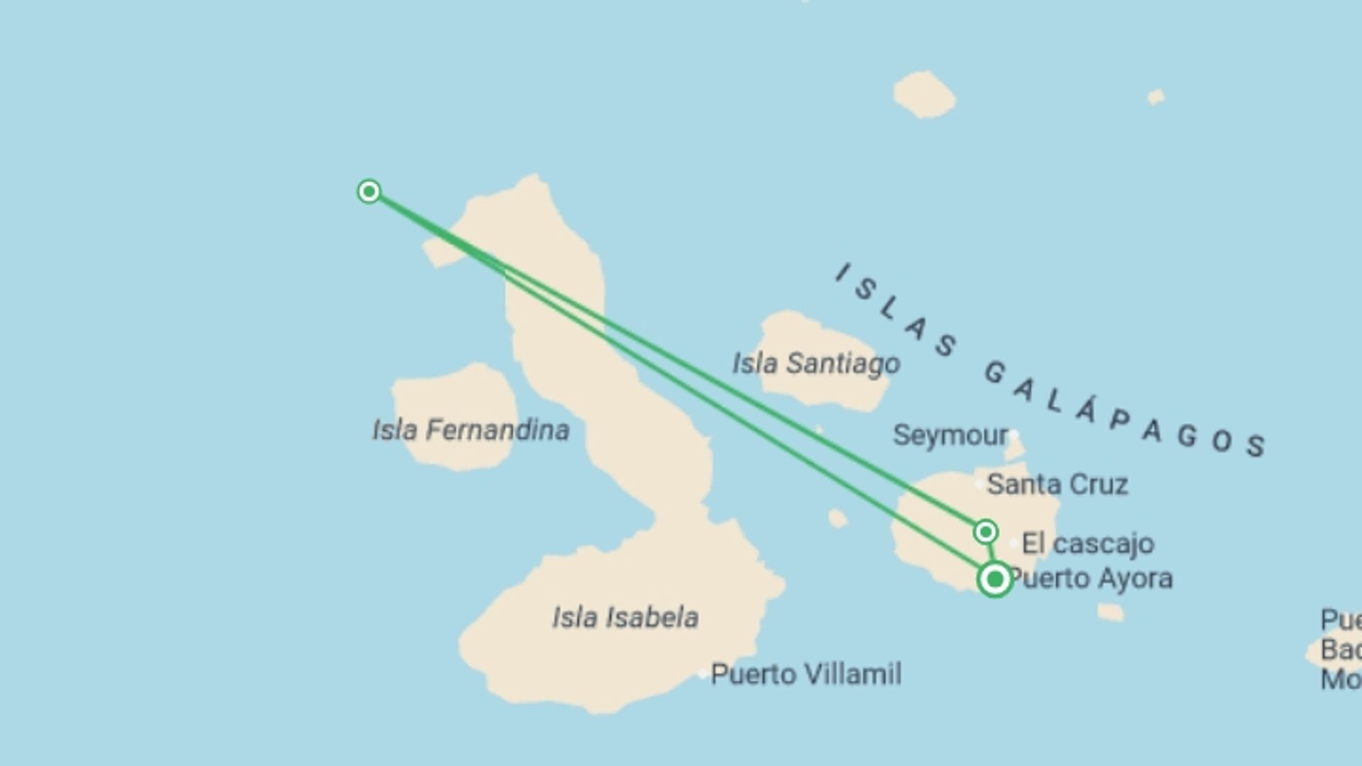 A map showing the tour itinerary for the trip: 4-day Wildlife & Wonders Of Galapagos, French-speaking Guide, starting in Puerto Ayora, Ecuador and ending in Puerto Ayora, Ecuador going through 2 other destinations.