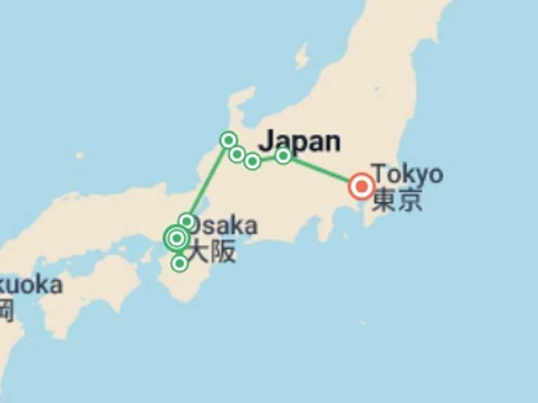 Map of Osaka Cultural, religious and historic sites Tour with 6 destination visits for the trip: Eternal and Traditional Japan