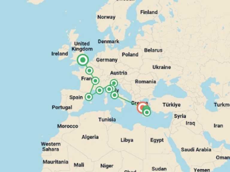 Map of Europe Tour with 13 destination visits for the trip: London to Athens with Greek Island Hopping