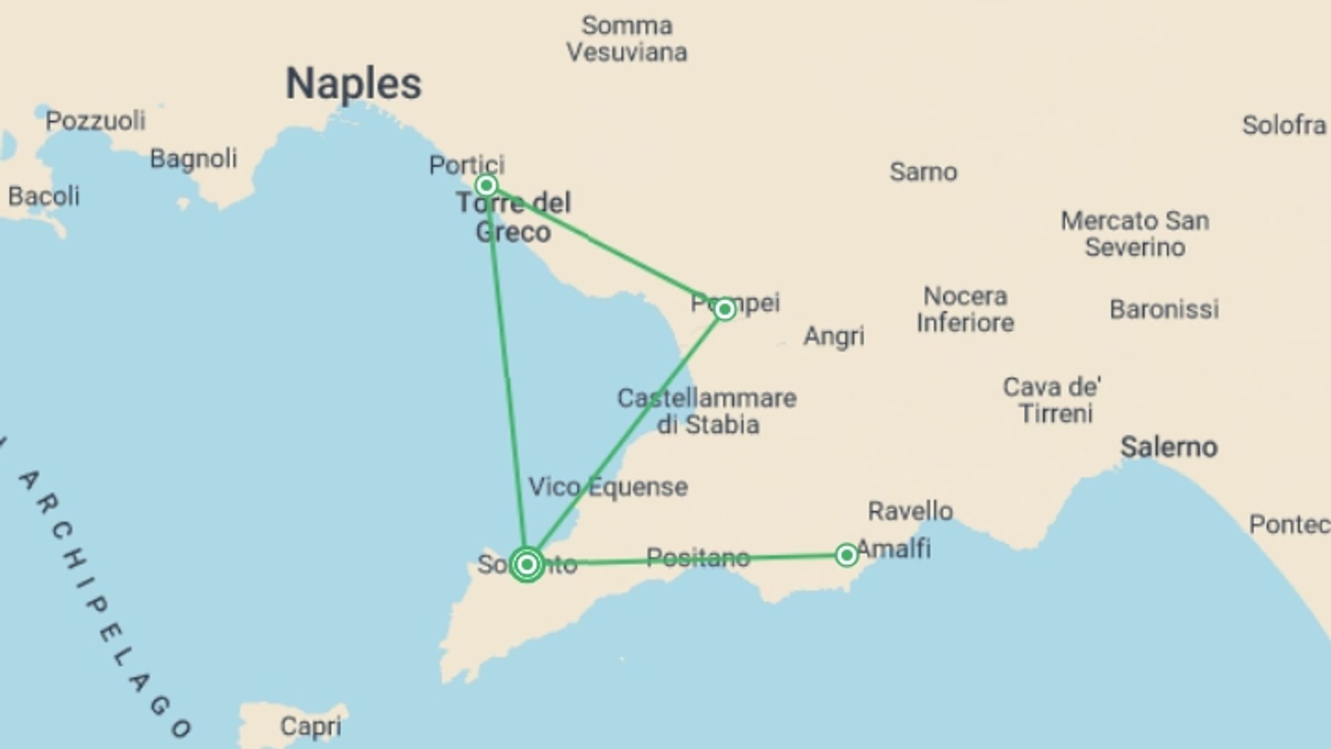 A map showing the tour itinerary for the trip: Discovering Sorrento, starting in Sorrento, Italy and ending in Sorrento, Italy going through 0 other destinations.