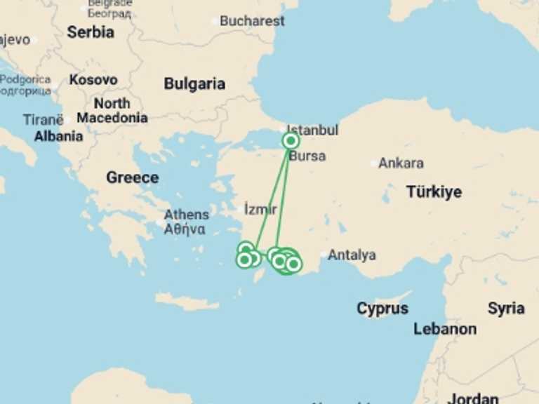 Map itinerary of Mediterranean Tour in October 2026 with 9 destination visits for the trip: Lycian Coast Boat & Bike