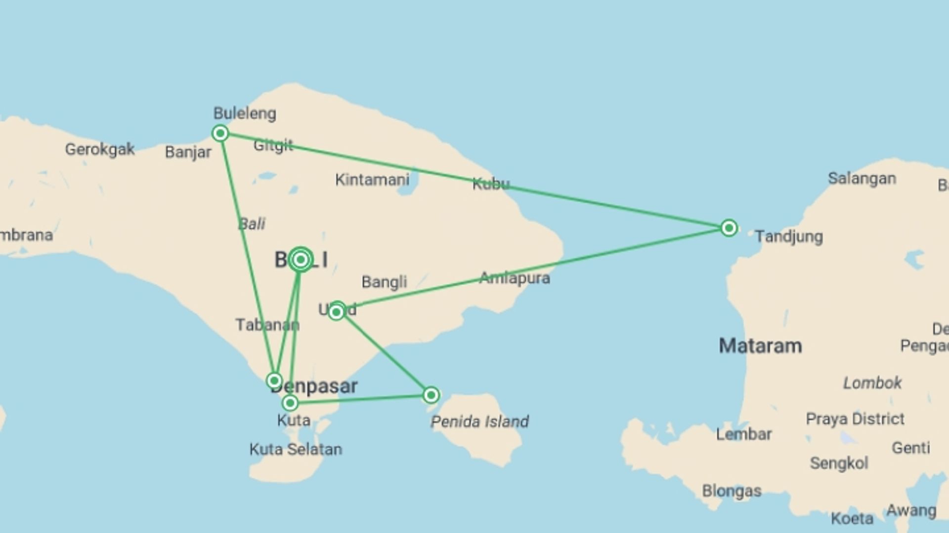 A map showing the tour itinerary for the trip: Bali Experience 15 day, starting in Bali, Indonesia and ending in Bali, Indonesia going through 7 other destinations.