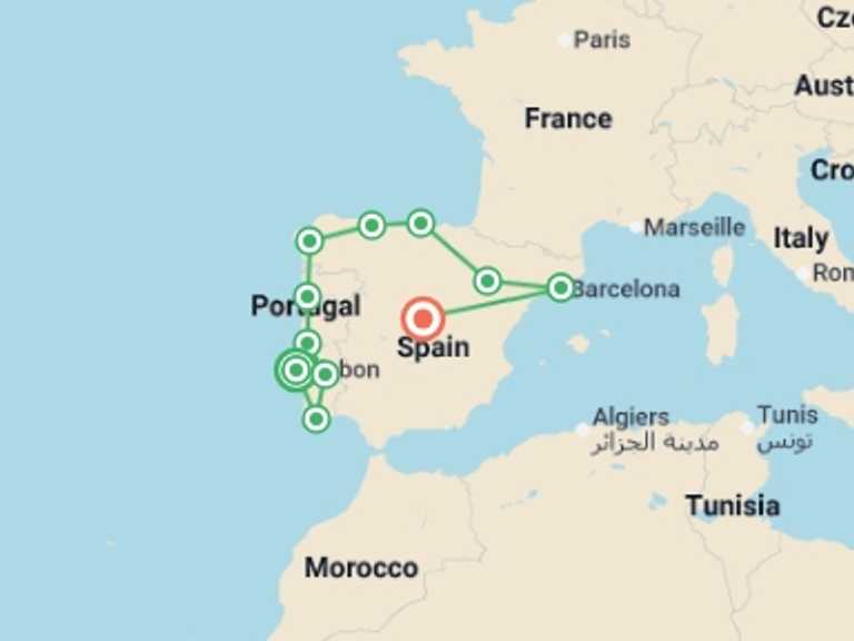 Map itinerary of Mediterranean Tour in March 2027 with 11 destination visits for the trip: All of Spain and Portugal