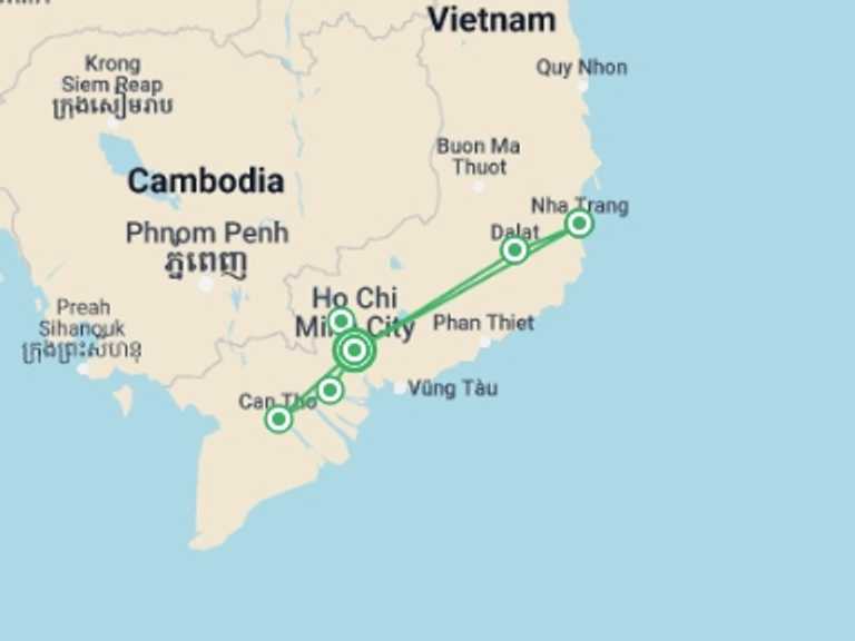 Map of Ho Chi Minh City Beach Tour with 5 destination visits for the trip: Mekong Delta And Da Lat 10 Days 9 Nights