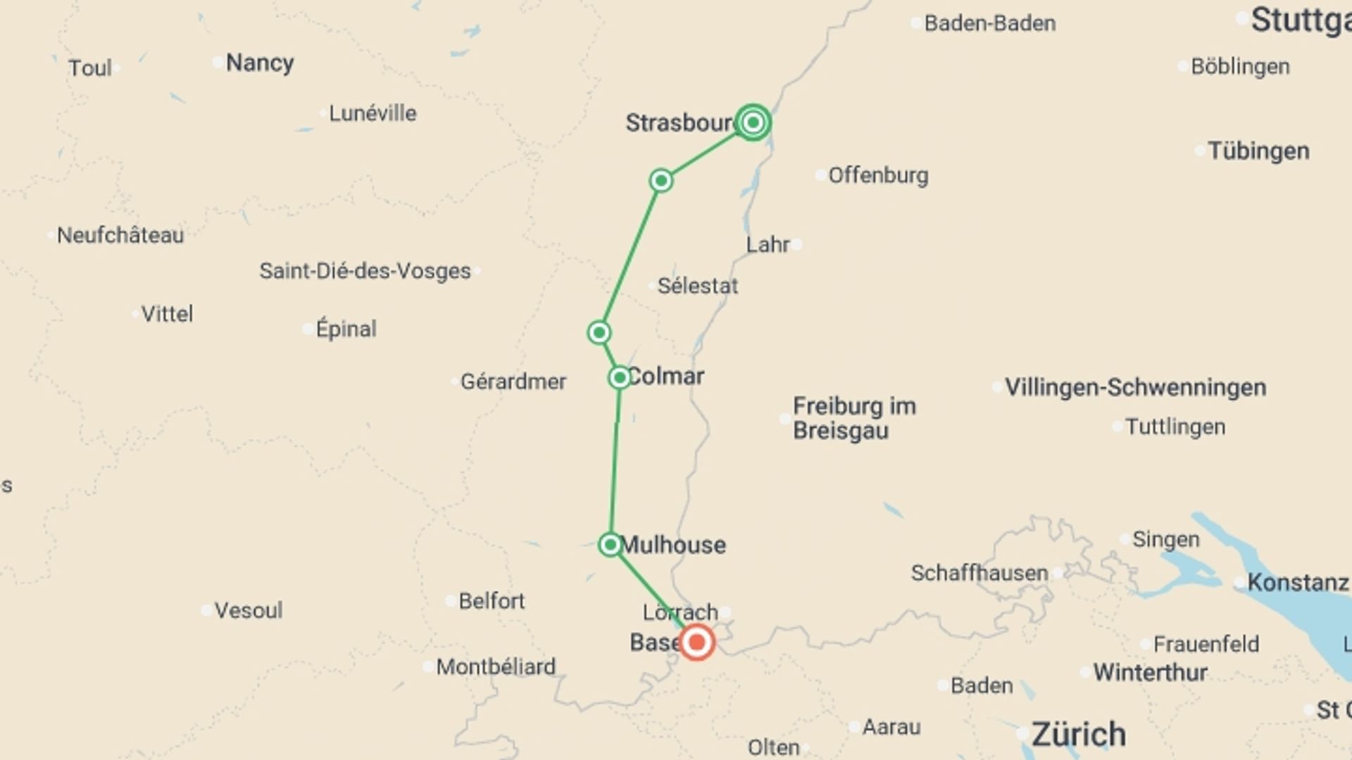 A map showing the tour itinerary for the trip: Alsace by Bike, starting in Strasbourg, France and ending in Basel, Switzerland going through 4 other destinations.