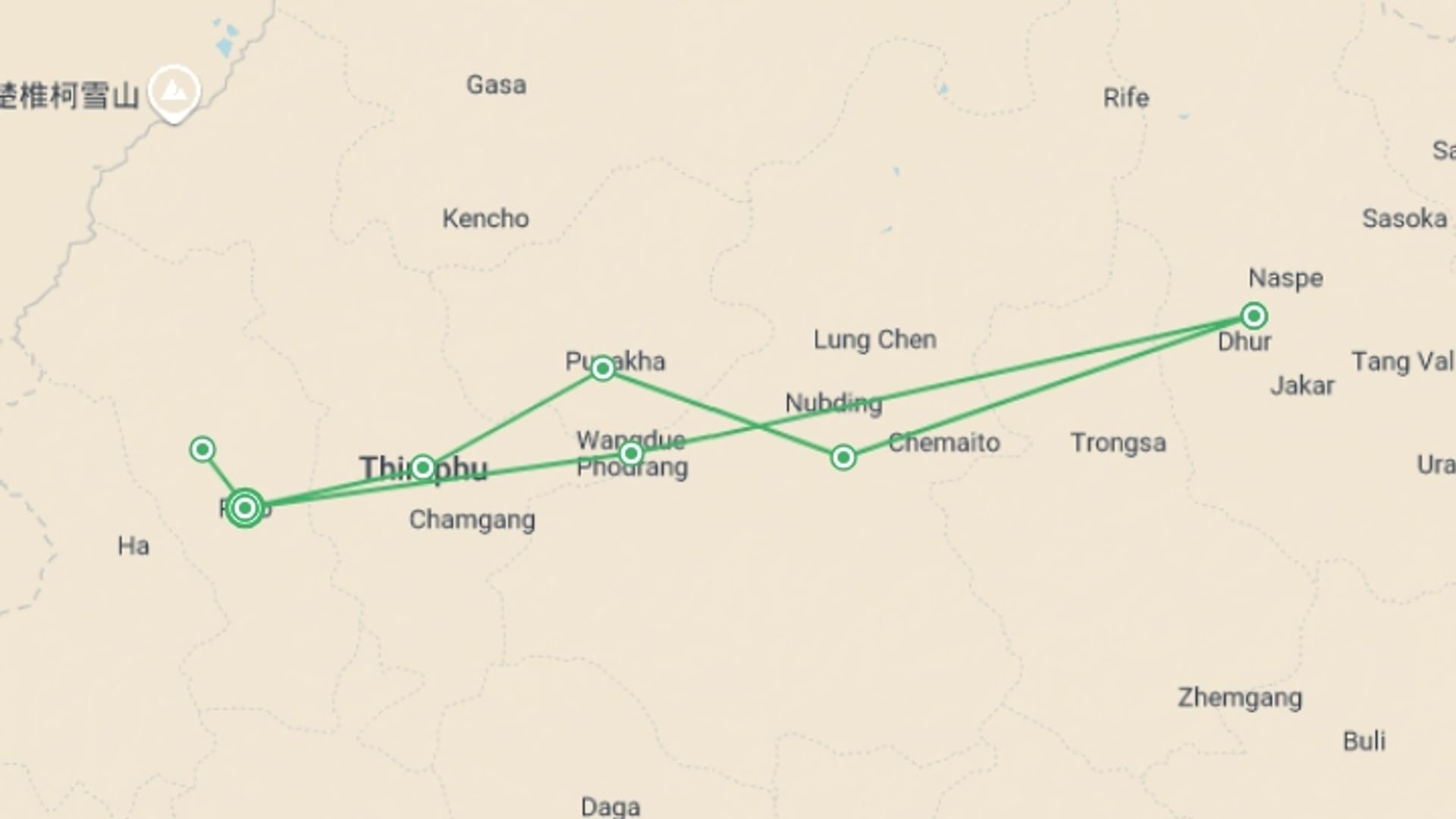 A map showing the tour itinerary for the trip: Bhutan Explorer & Jambay Lhakhang Festival, starting in Paro, Bhutan and ending in Paro, Bhutan going through 6 other destinations.