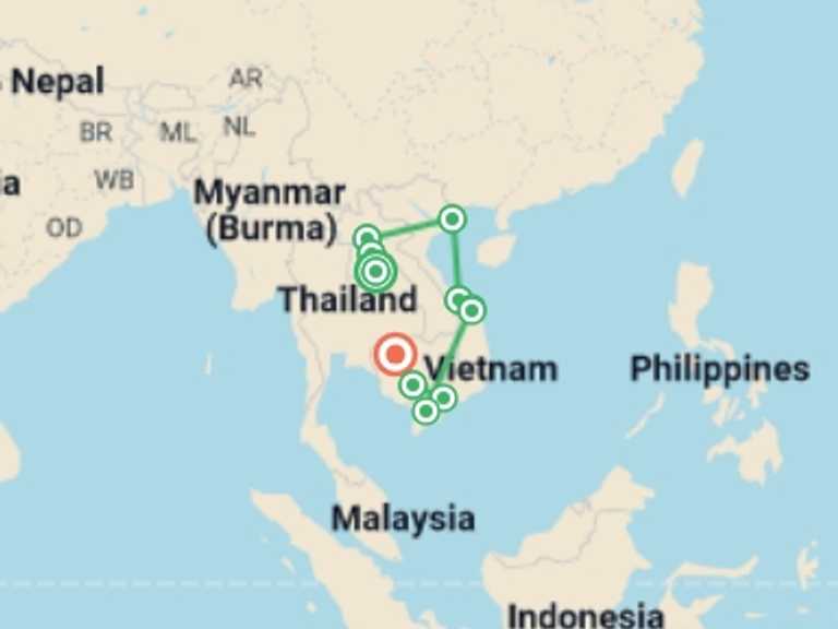 Map itinerary of Angkor Wat Tour in January 2026 with 12 destination visits for the trip: Inside Indochina - 20 days
