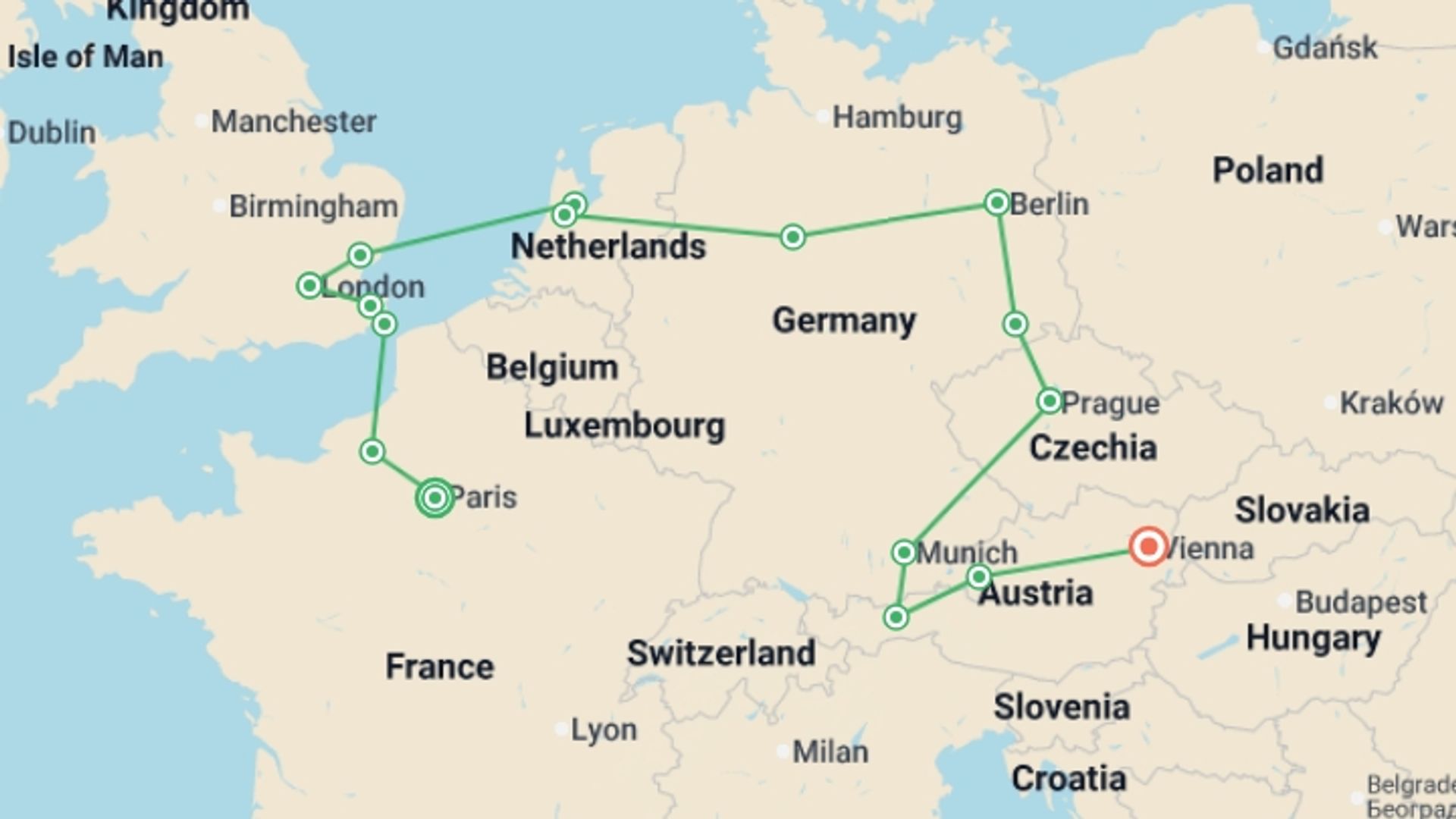A map showing the tour itinerary for the trip: Paris and Imperial Capitals, starting in Paris, France and ending in Vienna, Austria going through 8 other destinations.