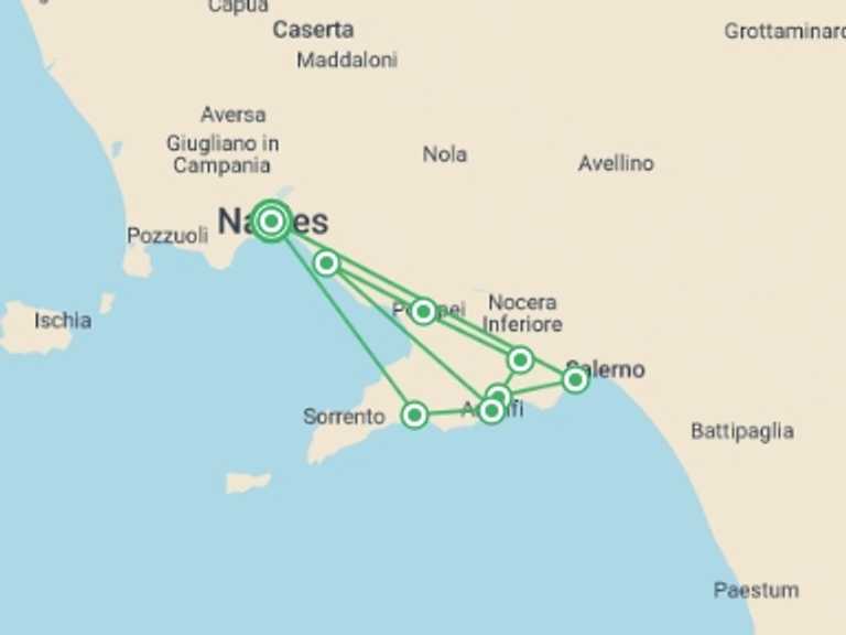 Map itinerary of Naples Tour in Fall with 7 destination visits for the trip: Amalfi Coast Walking - Coastal Hotel