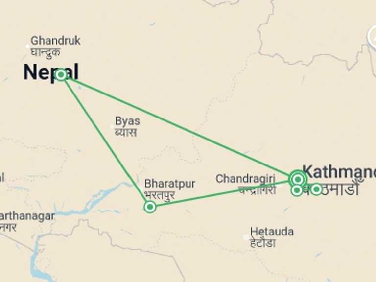Map itinerary of Asia Tour in October 2026 with 3 destination visits for the trip: Highlights of Nepal - 9 days