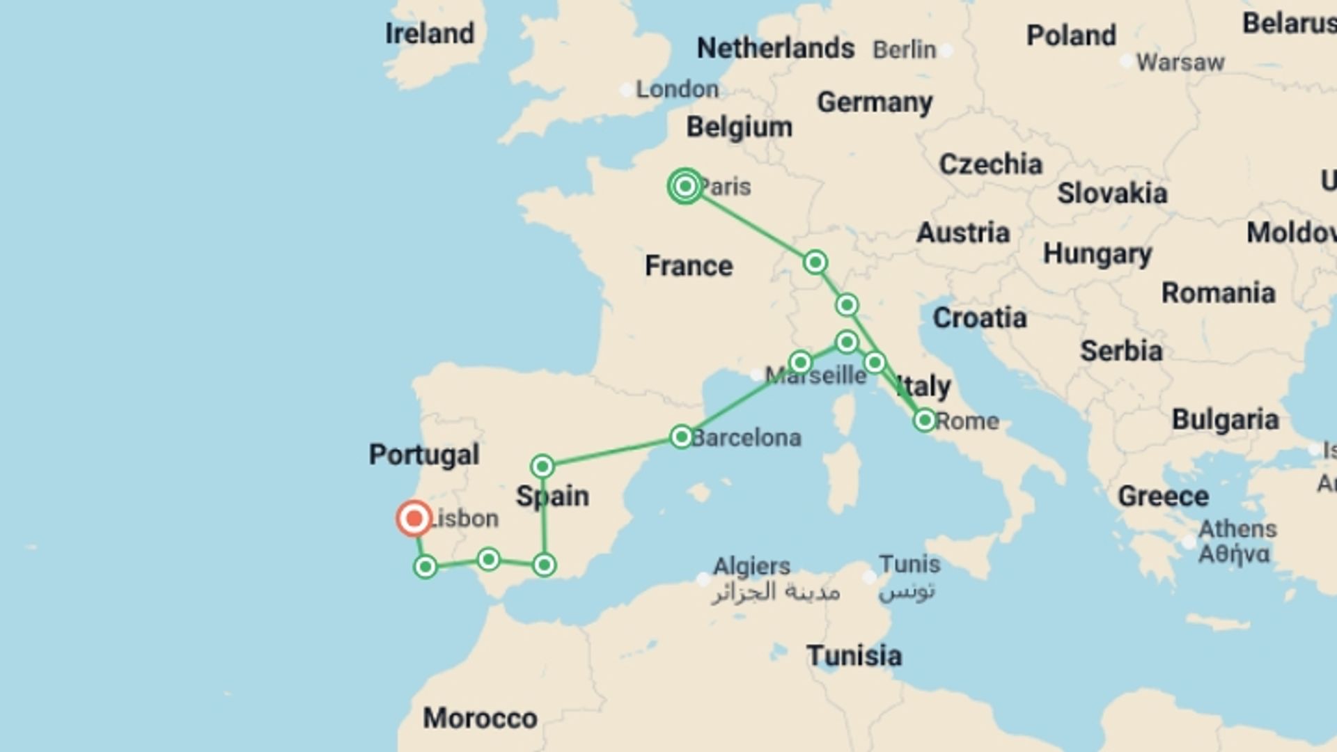A map showing the tour itinerary for the trip: Paris to the Mediterranean: Coasts & Cafés, starting in Paris, France and ending in Lisbon, Portugal going through 9 other destinations.