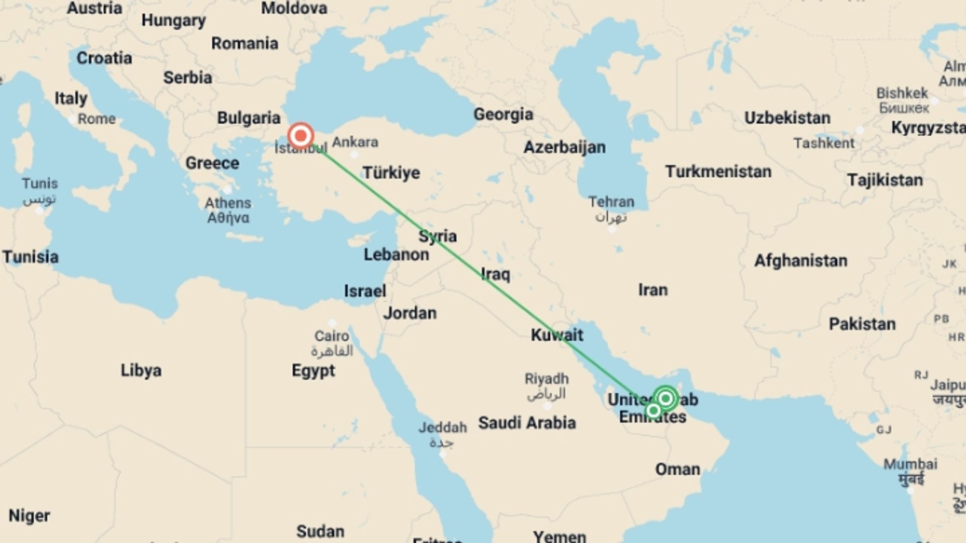 A map showing the tour itinerary for the trip: Discover Dubai Abu Dhabi and Istanbul, starting in Dubai, UAE and ending in Istanbul, Turkey going through 3 other destinations.