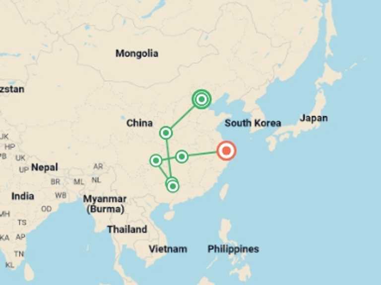 Map of China Tour with 7 destination visits for the trip: Classic China Tour with Yangtze Cruise - Small Group