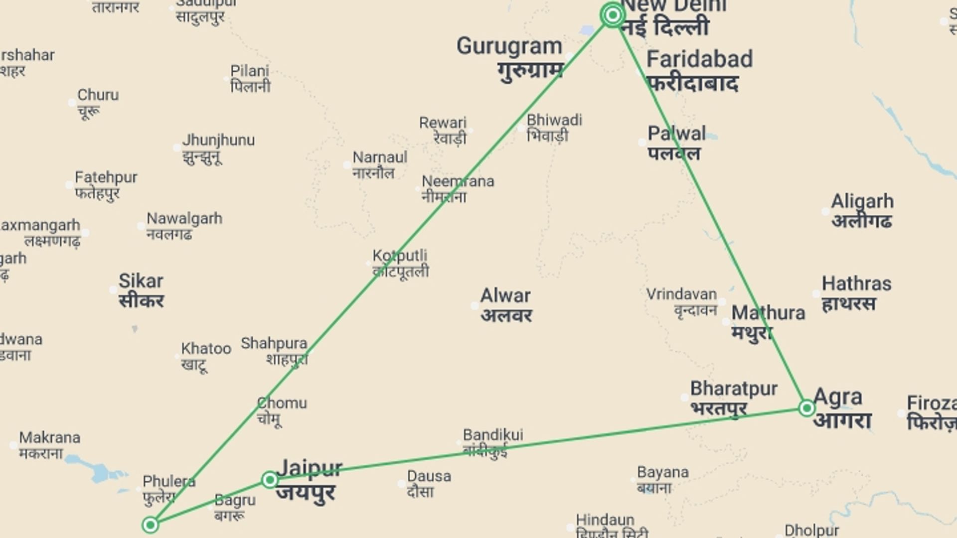 A map showing the tour itinerary for the trip: Journeys: North India Highlights, starting in New Delhi, India and ending in New Delhi, India going through 3 other destinations.