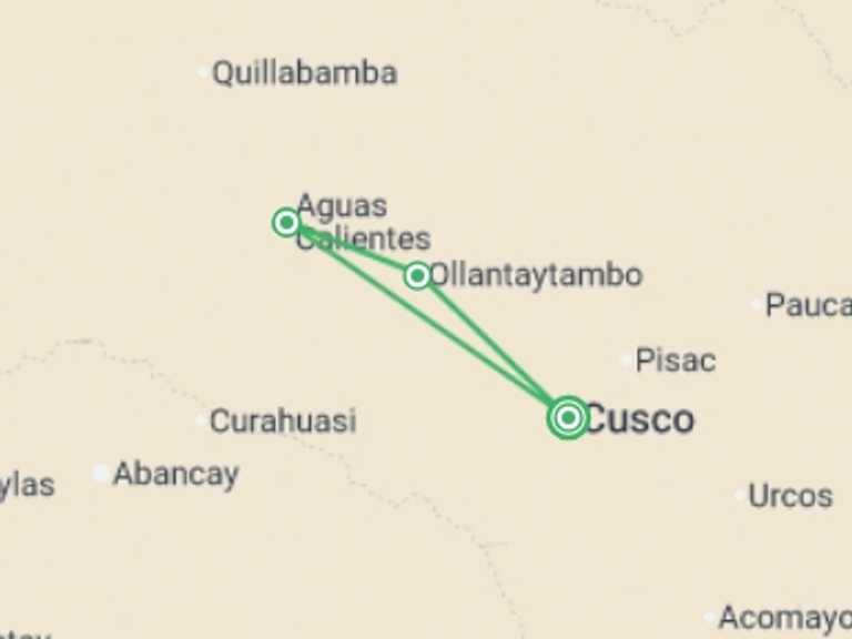 Map itinerary of South America Tour in February 2027 with 2 destination visits for the trip: Machu Picchu by Car Backpacker Experience 2D/1N (Return by Train)