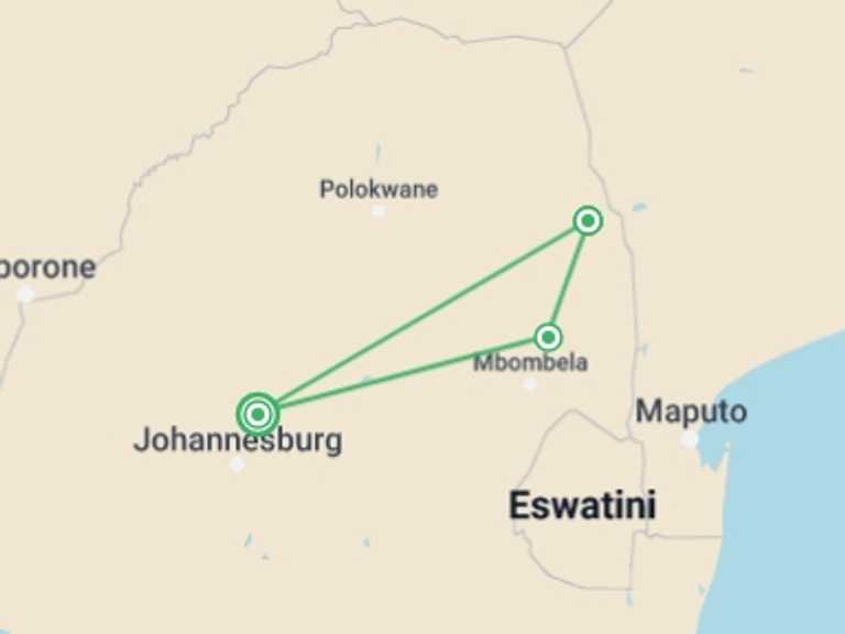 Map of Pretoria Explorer Tour with 2 destination visits for the trip: 4-day Kruger Safari Accommodated