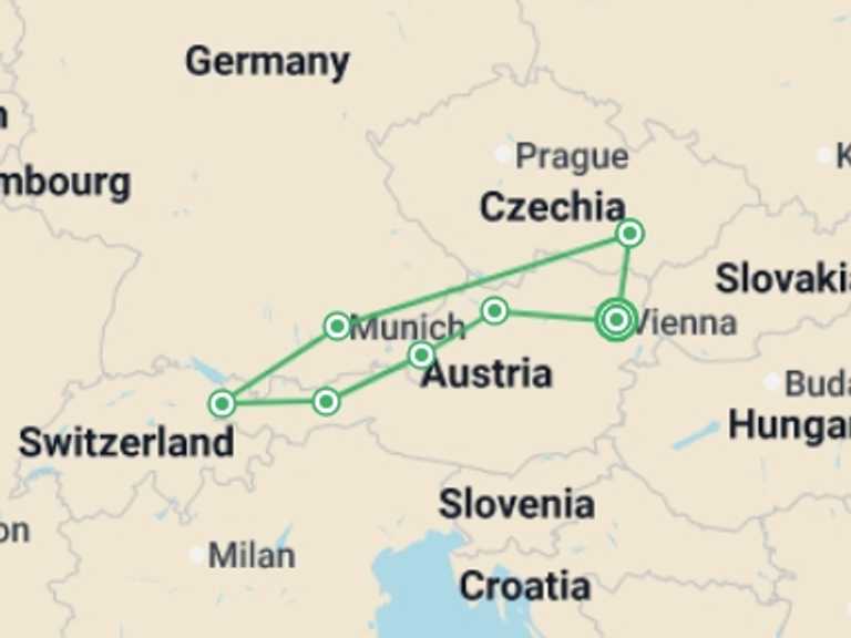 Map itinerary of Europe Tour in June 2026 with 7 destination visits for the trip: Austria, Bavaria and Moravia