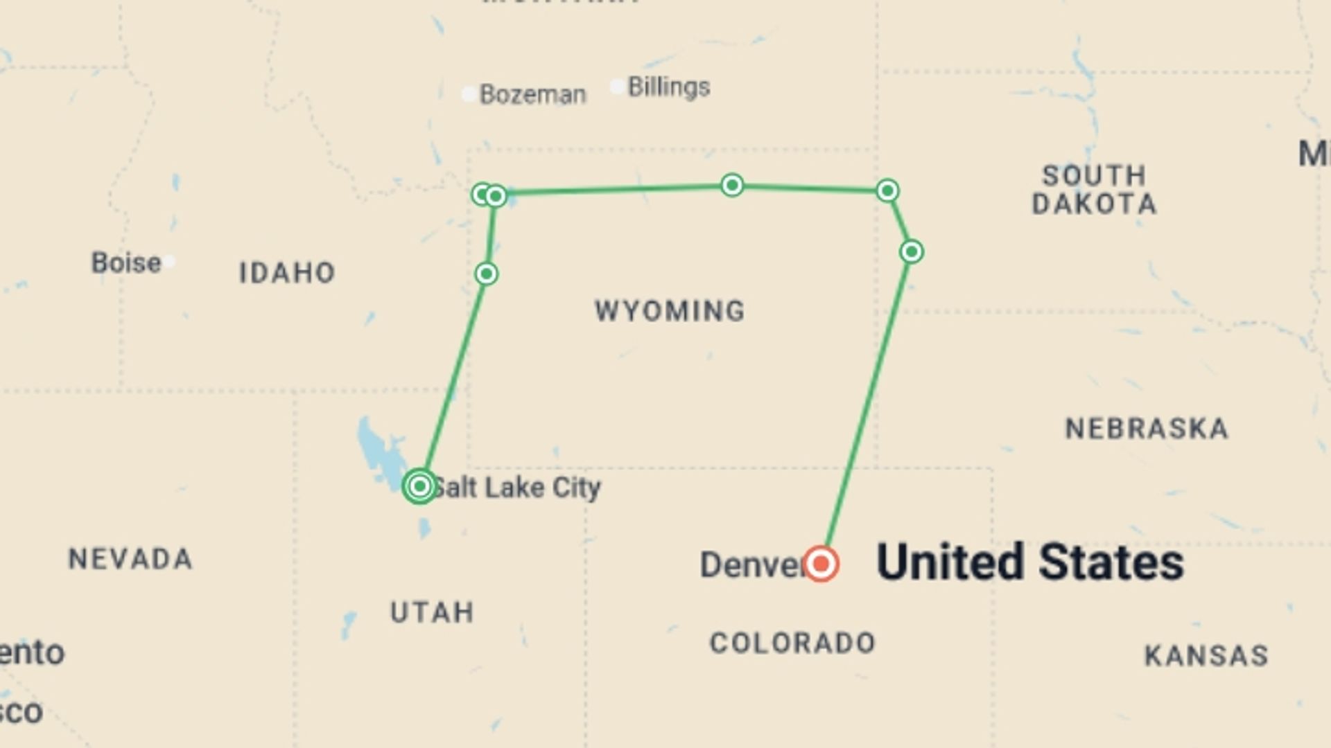 A map showing the tour itinerary for the trip: American Parks Trail, starting in Salt Lake City, USA and ending in Denver, USA going through 6 other destinations.