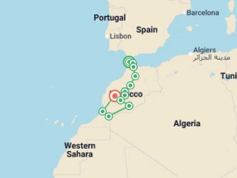 Map itinerary of Africa Tour in December 2026 with 12 destination visits for the trip: Complete Morocco Active Adventure