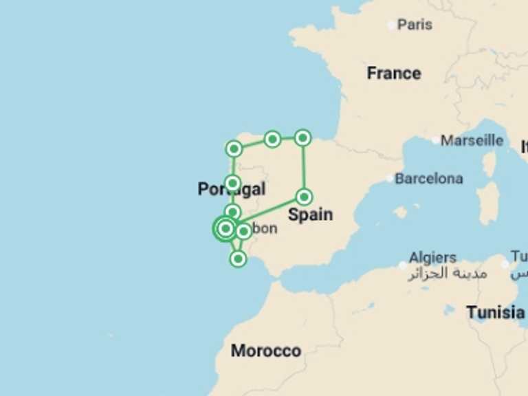 Map of Europe Art and architecture Tour with 9 destination visits for the trip: Complete Portugal and Northern Spain end Lisbon