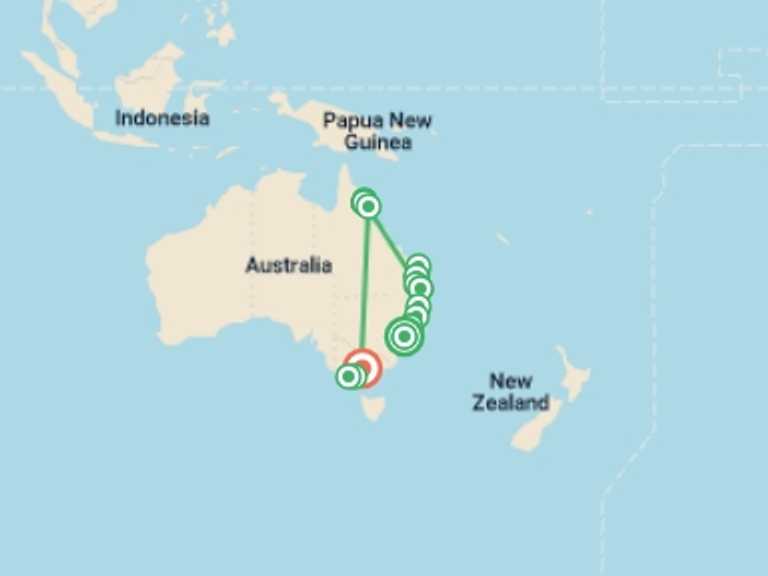Map of Oceania Walking Tour with 17 destination visits for the trip: Epic Eastern Adventure Tour