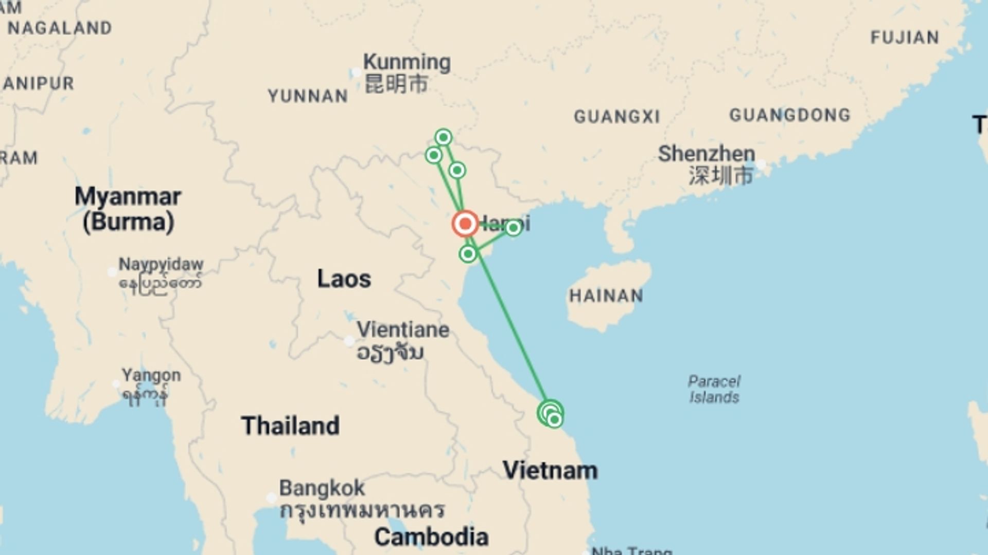 A map showing the tour itinerary for the trip: Vietnam: See & Experience it all in 11 days, Luxury Tour, starting in Da Nang, Vietnam and ending in Hanoi, Vietnam going through 6 other destinations.