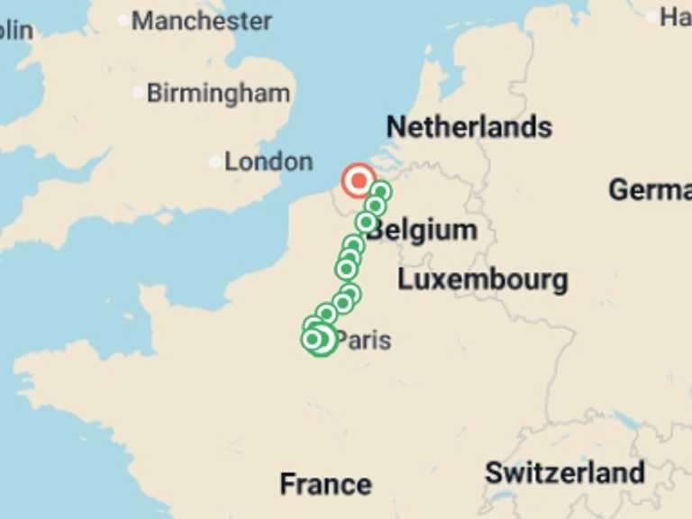 Map of Europe Bicycle Tour with 13 destination visits for the trip: Paris to Bruges Bike and Barge
