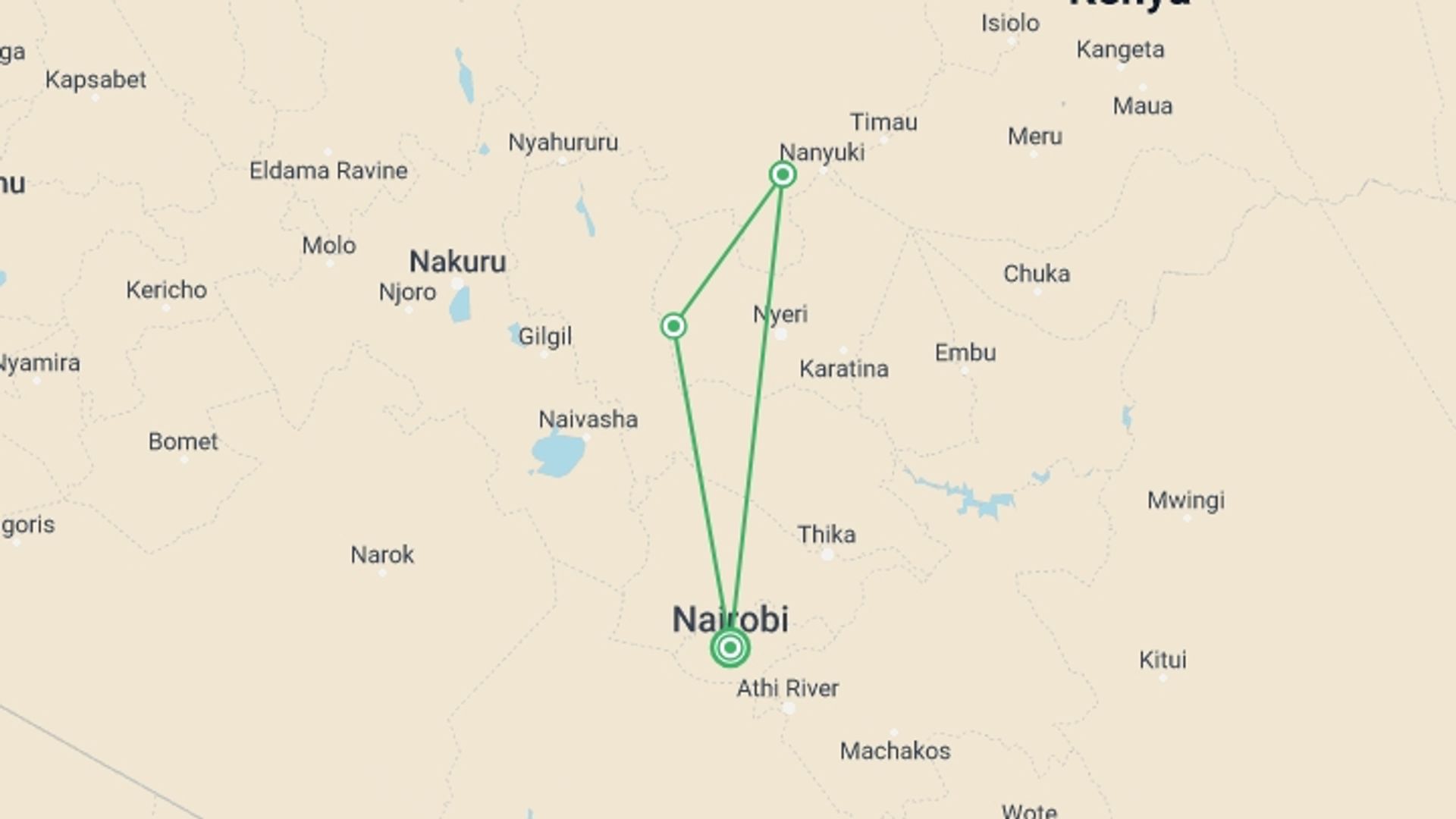 A map showing the tour itinerary for the trip: 5 Days Mt Kenya, Aberdares, Ol Pejeta, starting in Nairobi, Kenya and ending in Nairobi, Kenya going through 2 other destinations.
