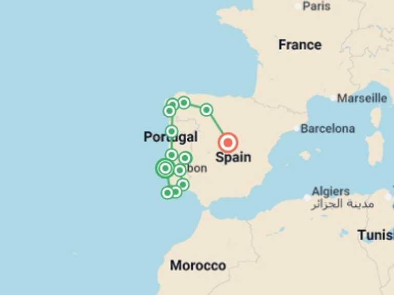 Map itinerary of Europe Tour in July 2026 with 7 destination visits for the trip: All of Portugal and Galicia