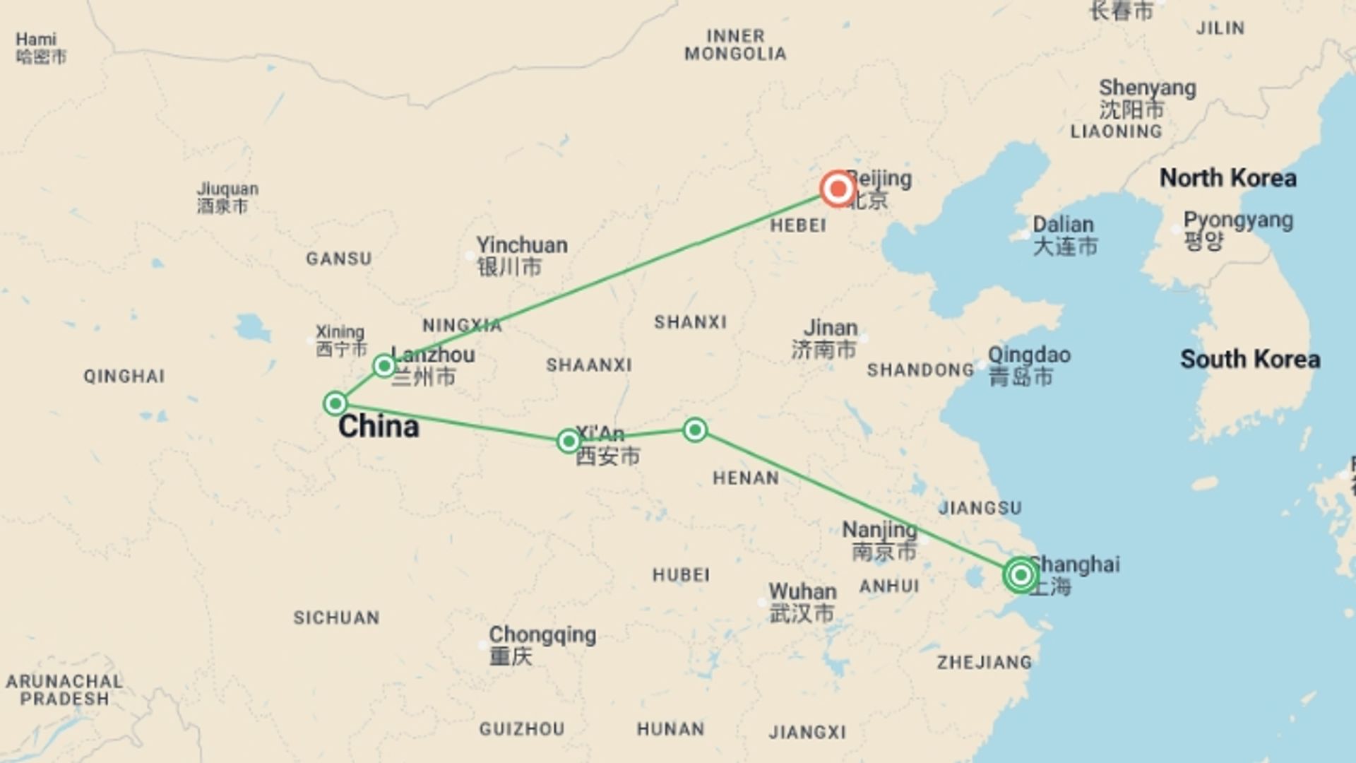 A map showing the tour itinerary for the trip: Explore China, starting in Shanghai, China and ending in Beijing, China going through 4 other destinations.