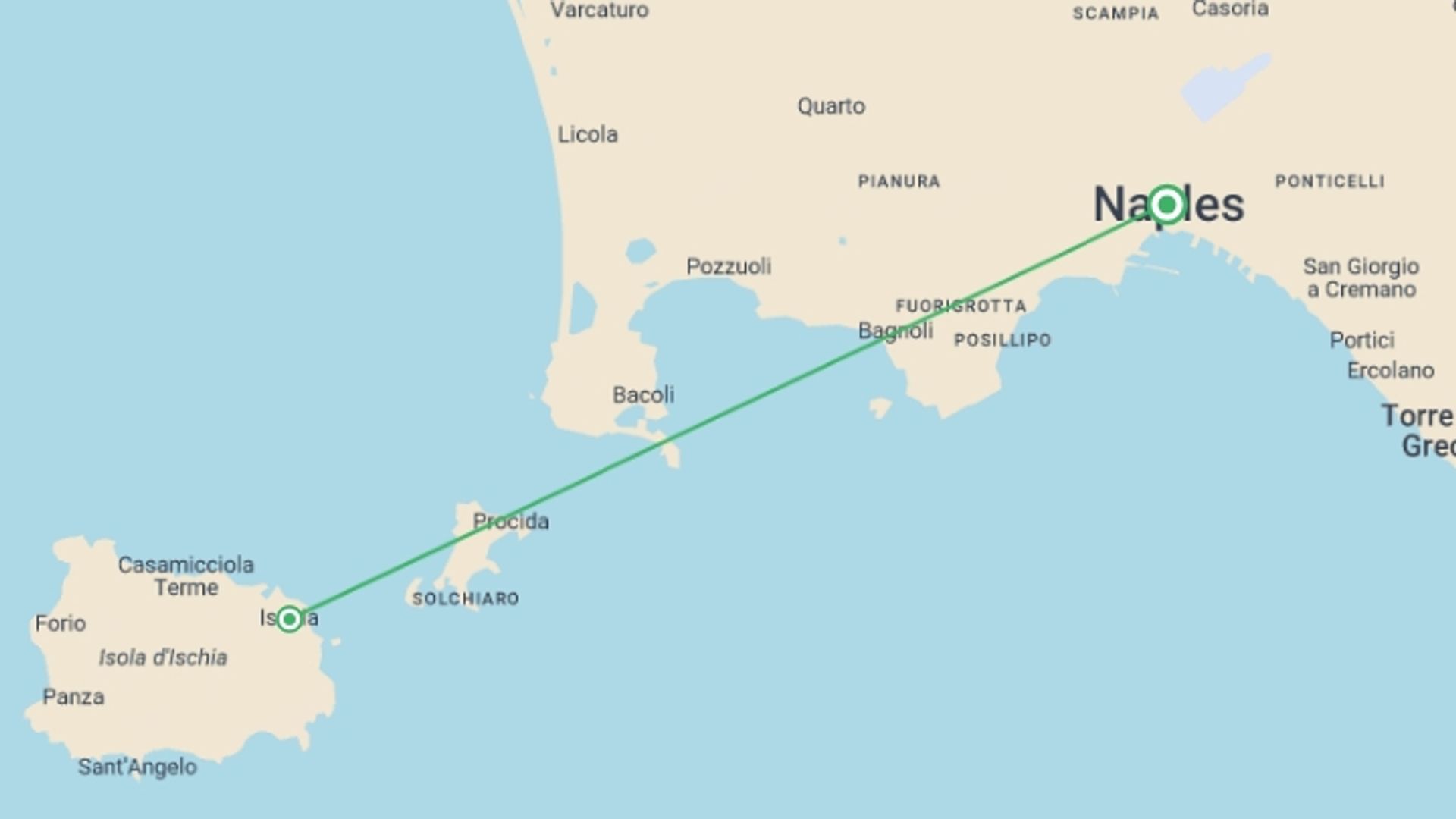 A map showing the tour itinerary for the trip: Ischia Island Spa Break - 8 days, starting in Naples, Italy and ending in Naples, Italy going through 1 other destinations.