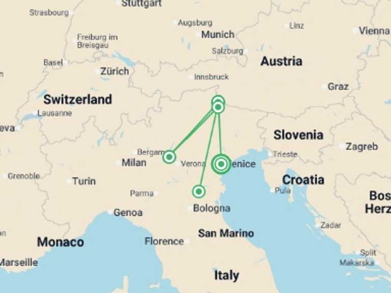 Map itinerary of Europe Tour in July 2026 with 5 destination visits for the trip: Hiking in the Dolomites