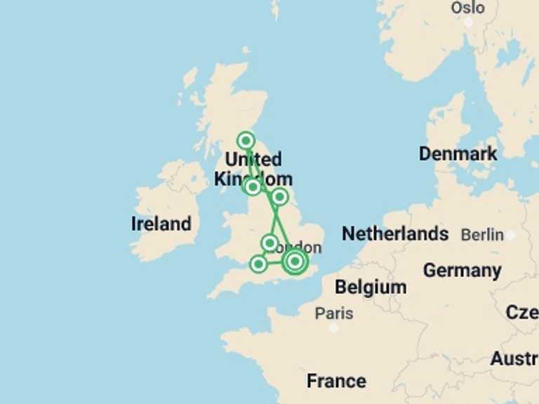 Map itinerary of London Tour in September 2026 with 7 destination visits for the trip: Elegance of Great Britain